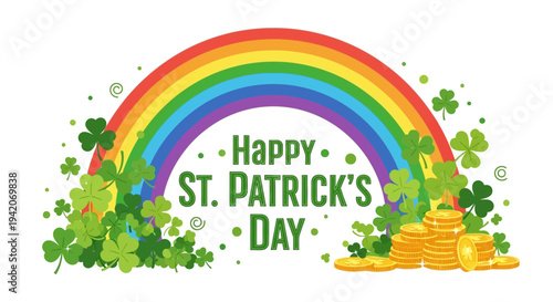 St patricks day festive graphic design rainbow shamrocks gold coins