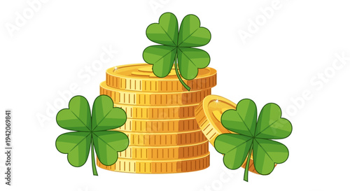 Stack of gold coins with green clover leaves illustration