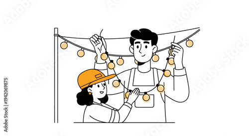 People hanging string lights illustration
