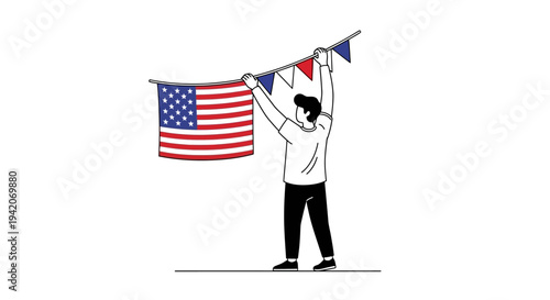 Person hanging american flag and pennants illustration