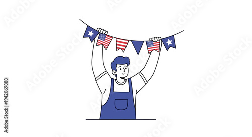 Person holding string of flags illustration minimalist style vector