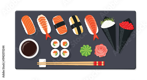 Set of 10 sushi icons vector, Japanese food illustrations