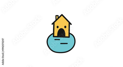 Simple illustration of a house partially submerged in water.