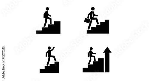 Success Ladder Pack – Man Walking Up Stairs Silhouette Icon Set
