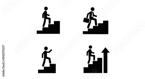 Success Ladder Pack – Man Walking Up Stairs Silhouette Icon Set