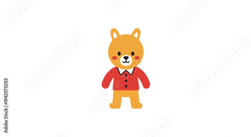 A cartoon bear wearing a red cardigan with a white collar standing on a white background.