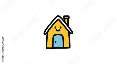 Simple yellow house icon with smiling face and blue door.