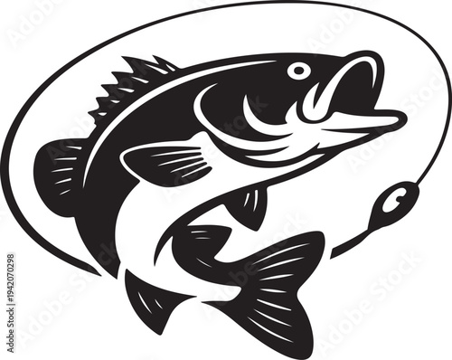 Bass fish jumping on fishing hook silhouette vector illustration