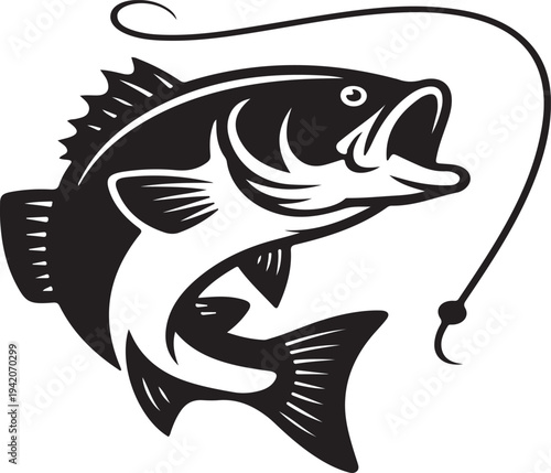 Bass fish jumping on fishing hook vector silhouette illustration sport fishing concept isolated on white background freshwater angling design