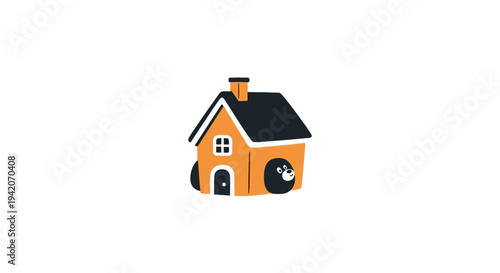 Simple orange house icon with black roof and white trim.