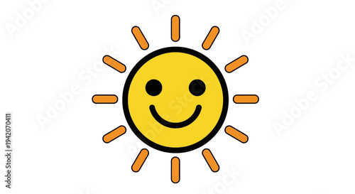 A smiling sun with a happy face and orange rays.