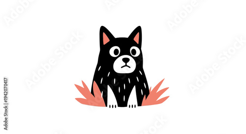 A cartoon black dog with a white face and orange leaves.