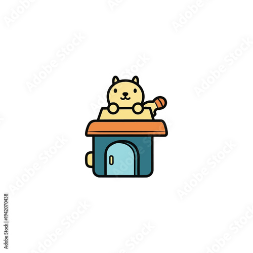 Cartoon cat sitting on top of a doghouse with a bone.