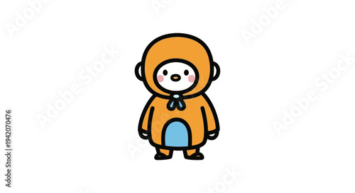 Cute cartoon character wearing orange hooded cloak and blue pouch.