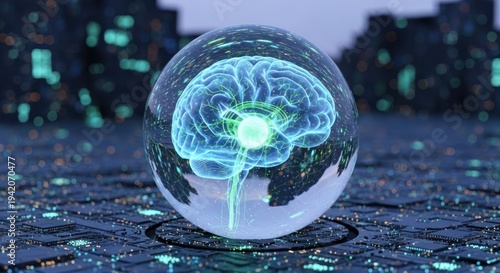 Digital Brain in a Glass Sphere Futuristic AI and Technology Concept.