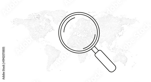 A large, black-outlined magnifying glass is centrally positioned over a subtly dotted grey world map, clearly showing Europe within its lens.