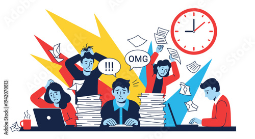 Overwhelmed office workers experiencing high stress levels due to excessive workload and deadlines