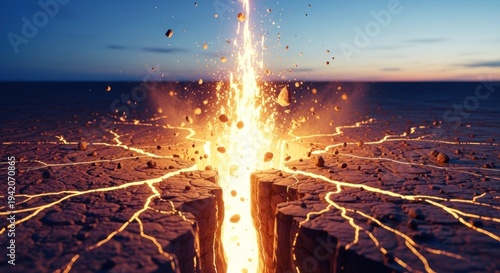 Dramatic Earth Crack with Fiery Eruption and Explosive Energy Burst at Dusk.