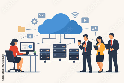 Business people using desktop computer and mobile devices connected to cloud server service for data storage, network connectivity, and digital transformation in a modern corporate office environment