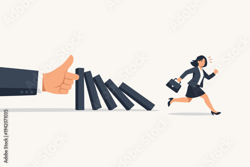 Vector Illustration of a Businessman Hand Pushing Dominoes and a Businesswoman Running Away from the Falling Effect, Representing Business Crisis, Chain Reaction, Risk, and Corporate Failure.