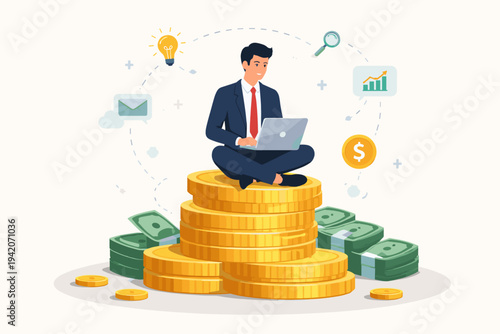 Successful businessman sitting on a large stack of gold coins and money working on a laptop, concept of financial growth, wealth, online business, investment, and profitable entrepreneurship