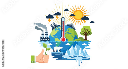 Vector illustration of earth with thermometer showing rising temperature and environmental issues