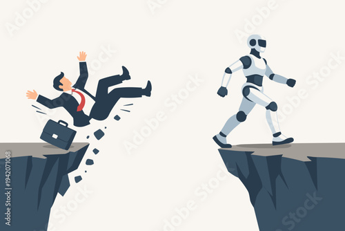 Businessman Falling Off a Cliff While a Robot Walks Ahead, Representing AI Automation Replacing Human Jobs, Unemployment, and Technological Displacement in the Modern Business Workforce Concept