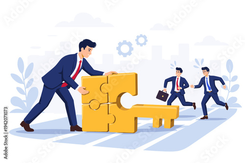 Businessman Assembling Golden Key Puzzle to Create Obstacle for Rivals in a Race, Concept of Business Strategy, Competition, Success, and Leadership, Flat Vector Illustration for Web and Print