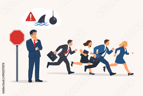 Businessman Thinking of Risks and Dangers at a Stop Sign While a Crowd of Businesspeople Runs Forward Blindly, Concept of Risk Assessment, Foresight, Caution, and Strategic Decision Making