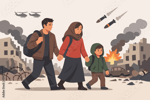 Sad family with child fleeing war zone in destroyed city with falling bombs and helicopters; humanitarian crisis, refugee migration, and conflict concept in simple flat vector illustration.