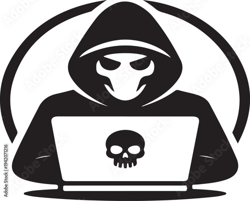 Cybersecurity threat hacker working on laptop vector illustration