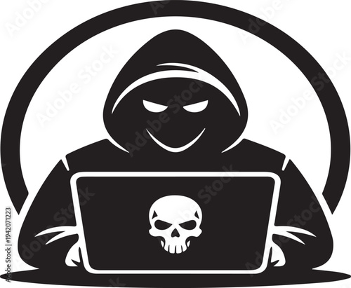 Anonymous hacker with laptop cyber attack silhouette vector design