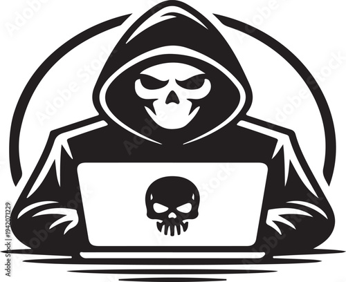 Hacker using laptop with skull symbol cybersecurity vector illustration