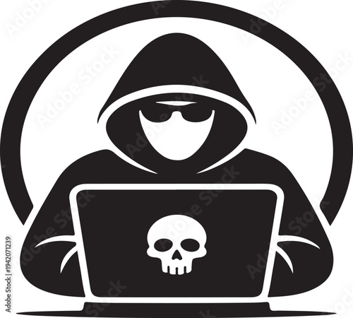 Hacker with laptop and skull symbol cybersecurity threat silhouette vector illustration anonymous cyber criminal hacking concept isolated on white background