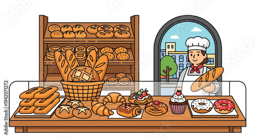 Bakery shop illustration with variety of bread and pastries on display counter