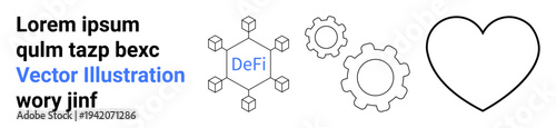 Finance, technology, innovation, blockchain, decentralized systems, and connectivity. Blockchain network with gears and heart outline. Finance and technology concept