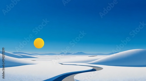 A serene desert landscape with a winding road and bright sun in a clear blue sky