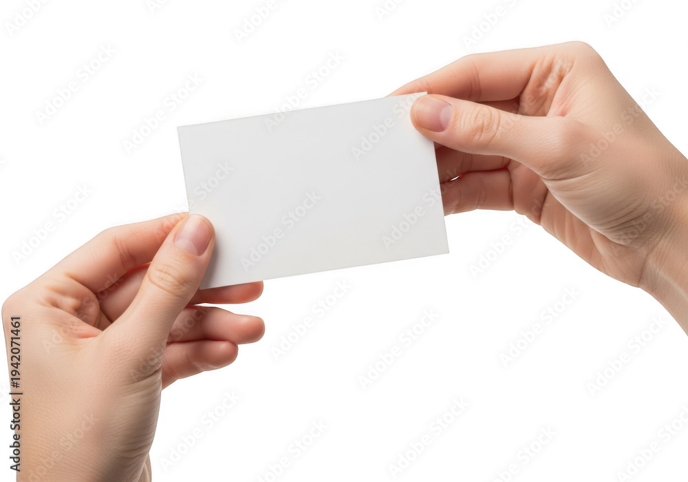 Fototapeta premium A pair of hands holding a blank white business card isolated on transparent background