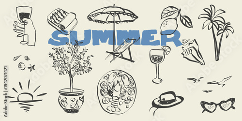 Hand drawn whimsical summer sketch collection. Italian Amalfi doodles in simple crayon style. Vintage holiday and vacation symbols. Trendy vector illustration