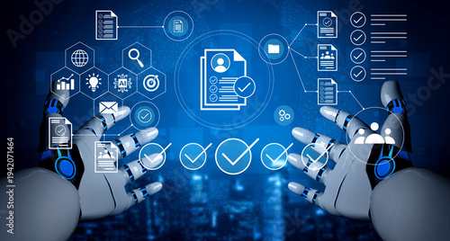 Wallpaper Mural Robotic hands engage with a vibrant digital interface displaying user data and analytics, symbolizing innovation in technology and automation. Gantry Torontodigital.ca