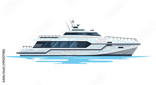 A futuristic white yacht with glowing blue circuit board patterns on its hull floats on calm blue water against a white background.