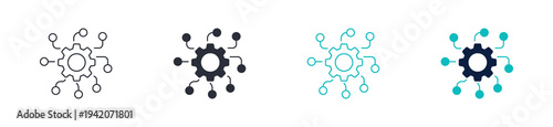 Automation system icon set, gear with network connection nodes symbol, in outline and solid silhouette style. Vector illustration.