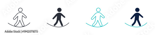 Slackline walking icon set, person balancing on tightrope line, in outline and solid silhouette style. Vector illustration.