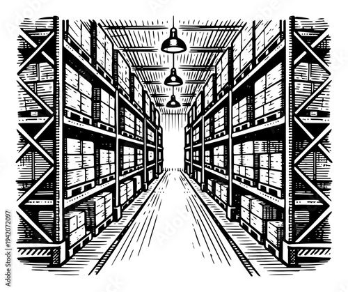 Woodcut style illustration of a large warehouse interior with high shelves and boxes in perspective