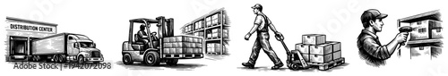 Woodcut style set of logistics icons showing warehouse workers forklift truck and shipping operations