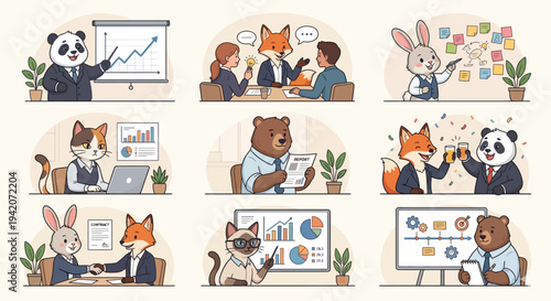 Collection of diverse animal characters in office settings, working together, utilizing technology with icons pack visuals for presentations