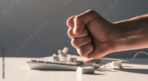 Frustrated hand smashing keyboard symbolizing anger stress and technological issues on a white surface.