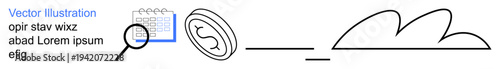 Business management, financial planning, data analysis, market strategy, time efficiency, cost optimization. Magnifying glass over a calendar, dollar coin line elements. Business management