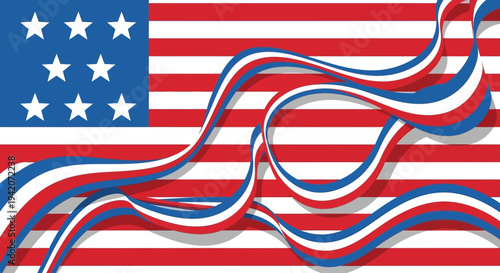 Abstract illustration of striped pattern with stars and wavy ribbons in primary colors