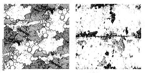 Abstract grunge background set with artistic ink splatters and weathered peeling wall effects